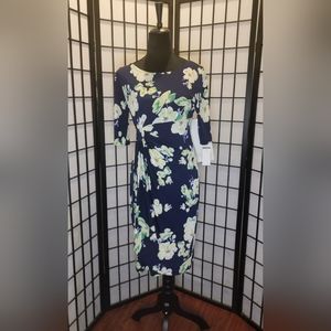Connected Apparel Elbow Sleeve Side Ruched Floral Print Sheath Dress